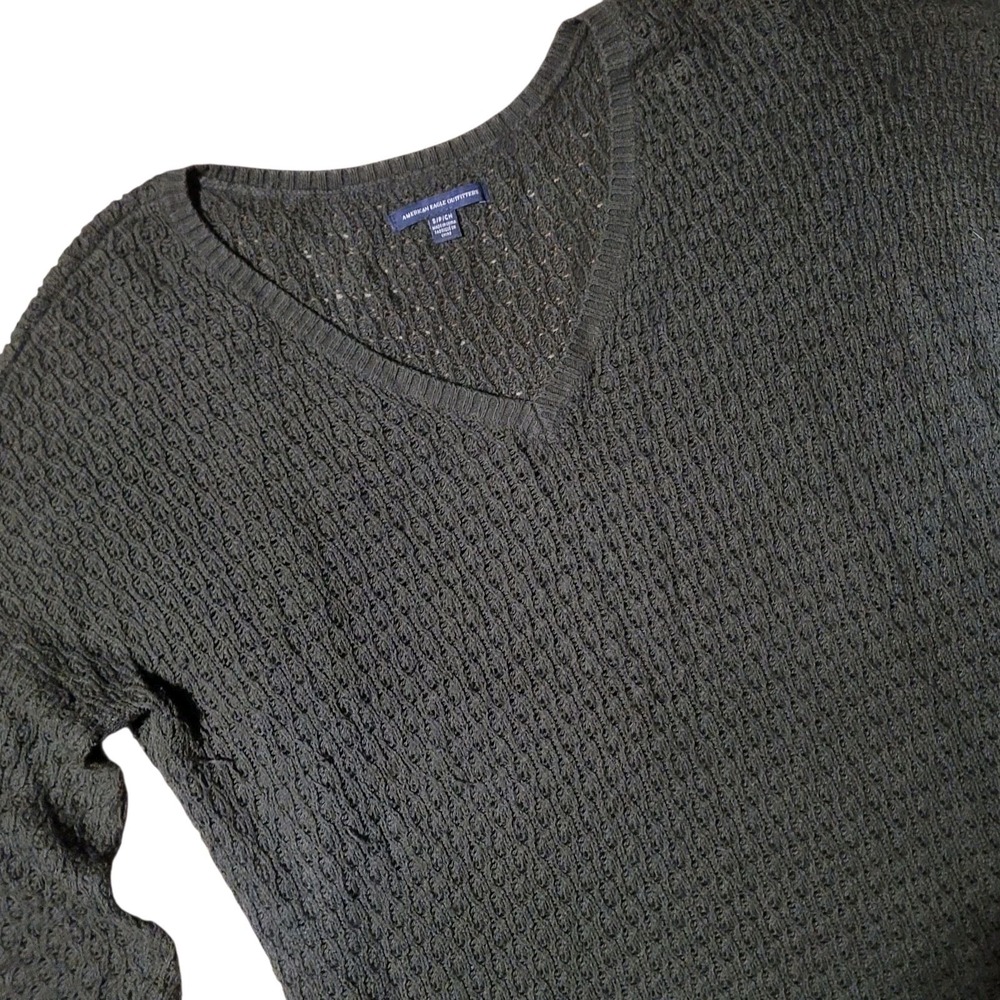 American Eagle Green Open Knit Sweater Sz Sm V-Neck Long‎ Sleeve Pullover